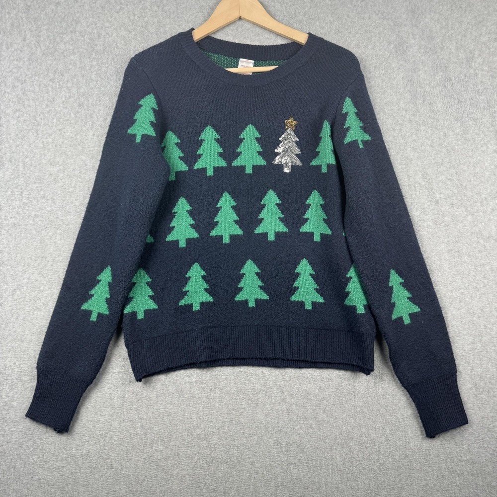 Holiday Time Christmas Tree Sweater Womens Small Navy Blue Sequin Festive Knit